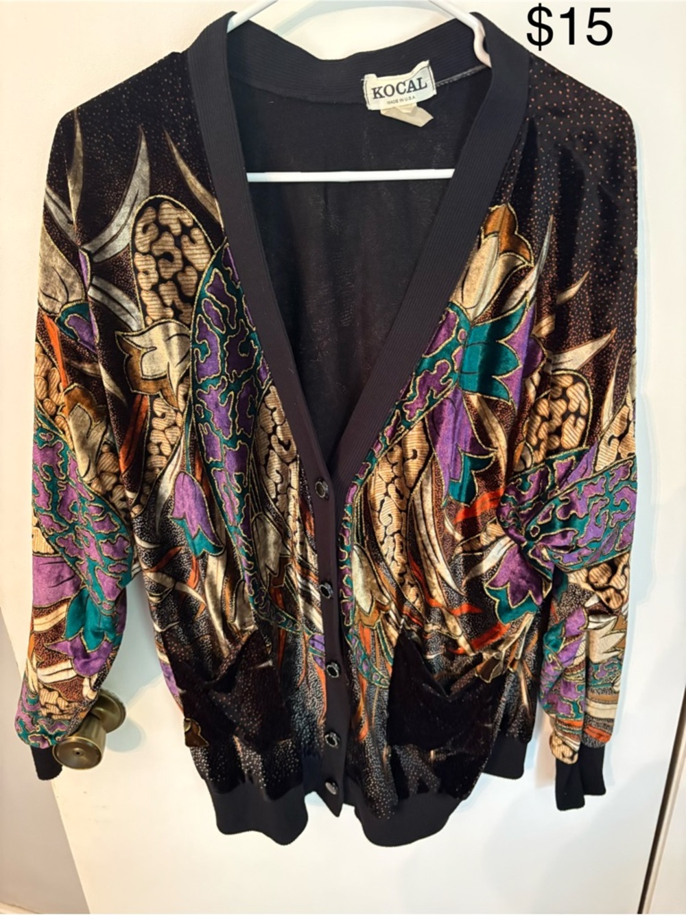 Kocal Velvet Floral Button Cardigan - Black with Purple & Teal Accents